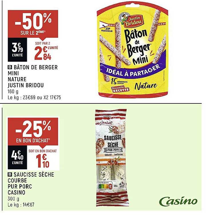 bâton de berger mini nature justin bridou, saucisse sèche courbe pur porc casino