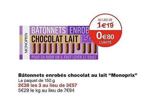 bâtonnets enrobés chocolat au lait monoprix