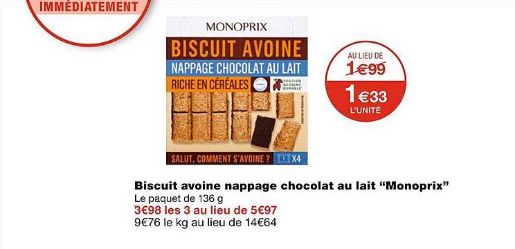 biscuit avoine nappage chocolat au lait monoprix