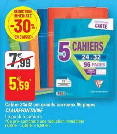 cahier 24x32 cm grands carreaux 96 pages clairefontaine