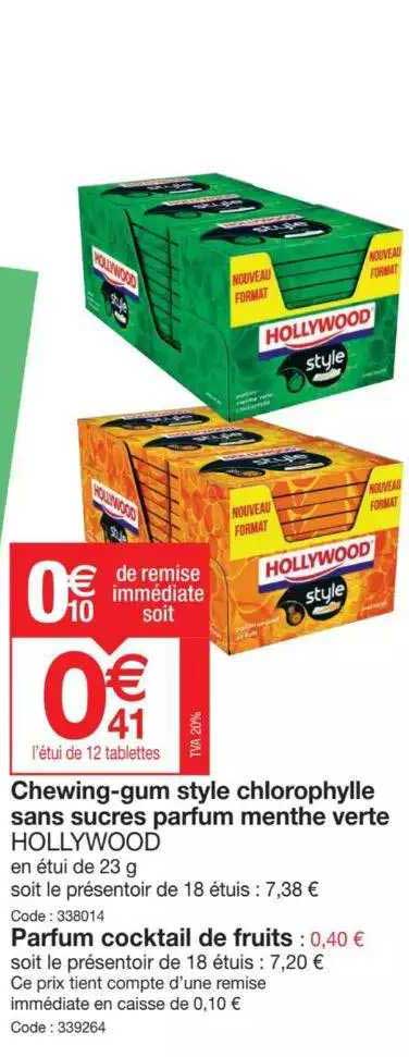 chewing-gum style chlorophylle sans sucres parfum menthe vertee hollywood ou parfum cocktail de fruits