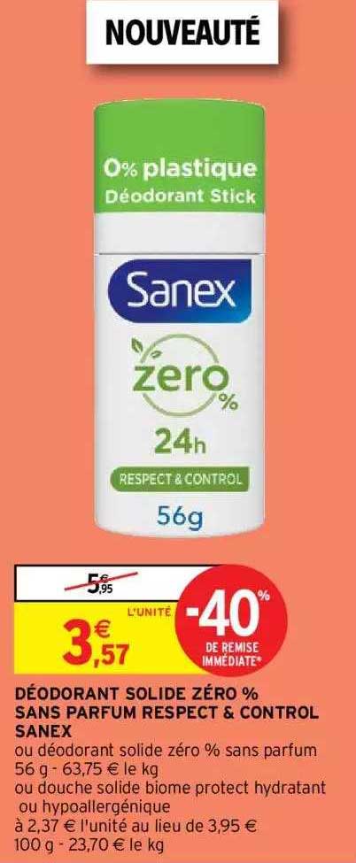 déodorant solide zéro %  sans parfum respect & control sanex