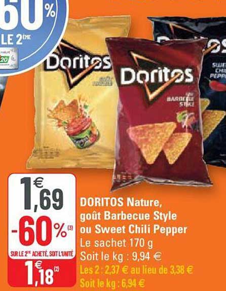 doritos nature, goût barbecue style ou sweet chili pepper