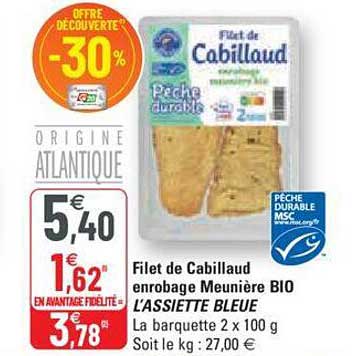 filet de cabillaud enrobage meunière bio l'assiette bleue