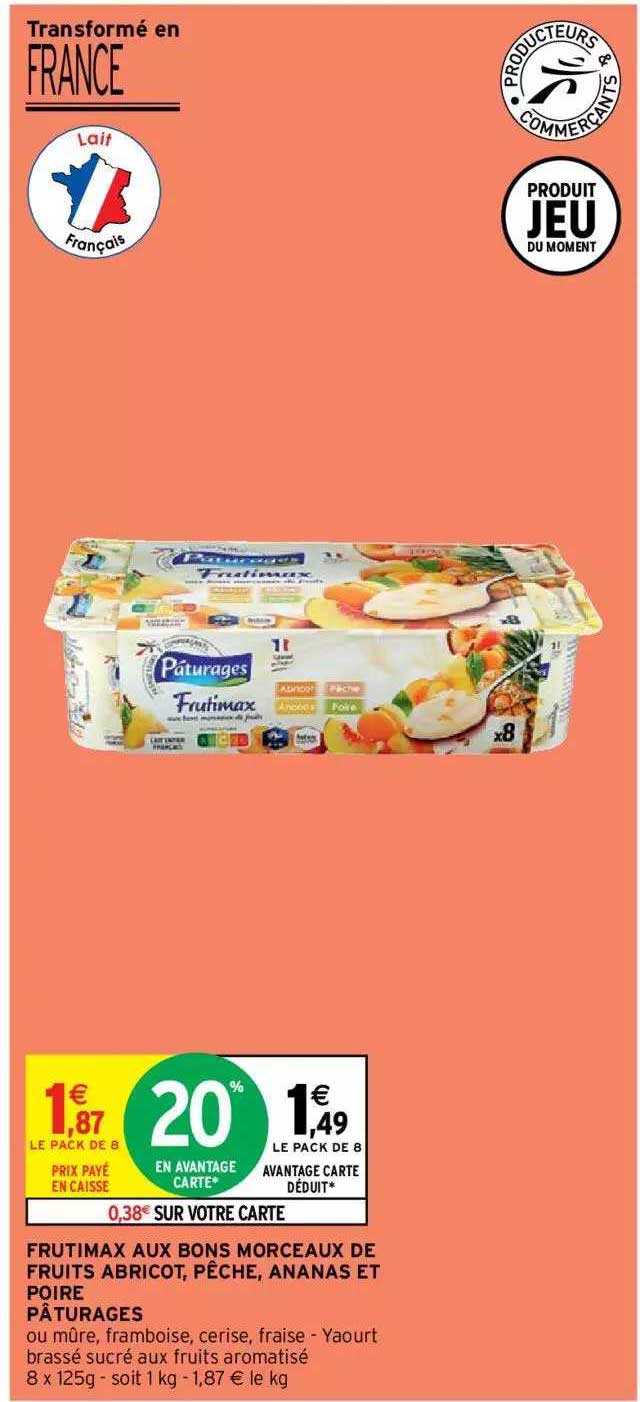 frutimax aux bons morceaux de fruits abricot, pêche, ananas et poire pâturages