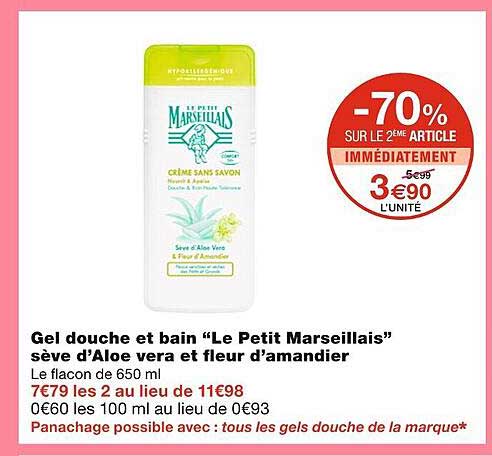 gel douche et bain le petit marseillais sève d'aloe vera et fleur d'amandier