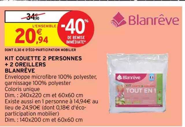 Kit Couette 2 Personnes + 2 Oreillers Blanrêve
