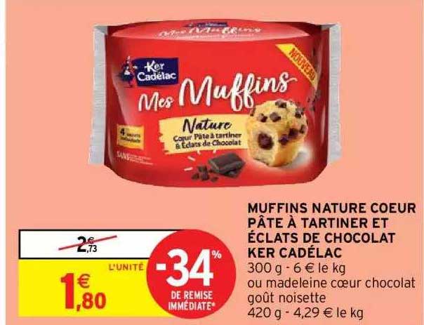 muffins nature cœur pâte à tartiner et éclats de chocolat ker cadélac