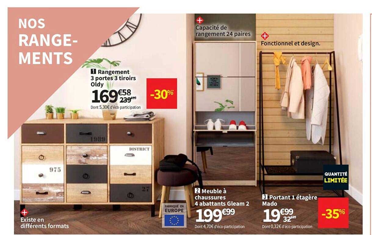 rangement 3 portes 3 tiroirs, meuble à chaussures 4 abattants gleam 2, portant 1 étagère mado