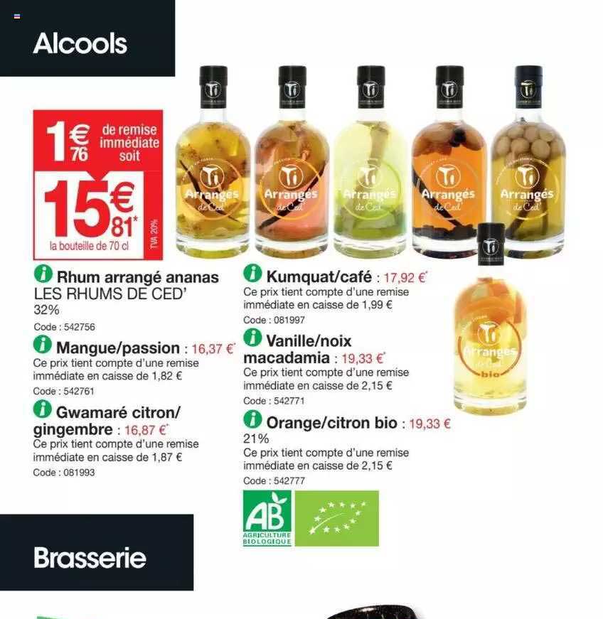 rhum arrangé ananas, mangue-passion, gwamaré citron-gingembre, kumquat-café, vanille-noix macadamia ou orange-citron bio