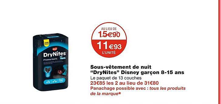 sous-vêtement de nuit drynites disney garçon 8-15 ans