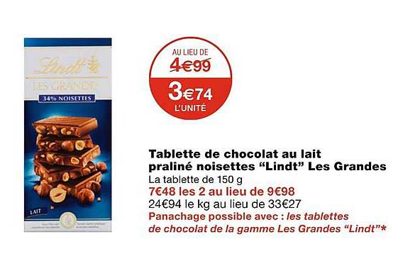 tablettes de chocolat au lait praliné noisettes lindt les grandes