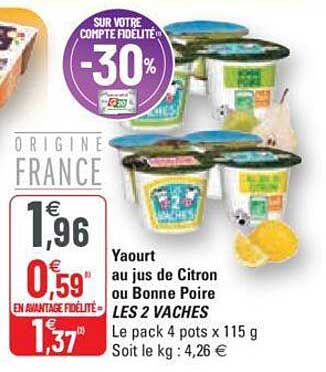 yaourt au jus de citron ou bonne poire les 2 vaches