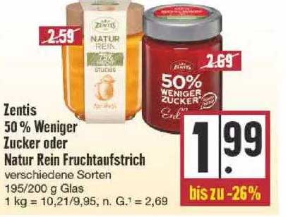 zentis 50% weniger zucker oder natur rein fruchtaufstrich