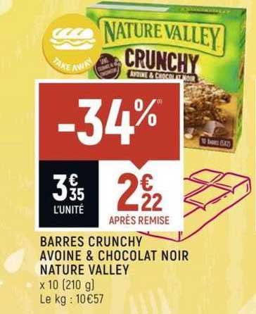 barres crunchy avoine & chocolat noir nature valley -34%