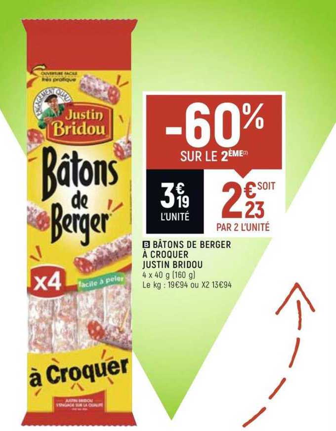 bâtons de berger à croquer justin bridou -60% sur le 2ème