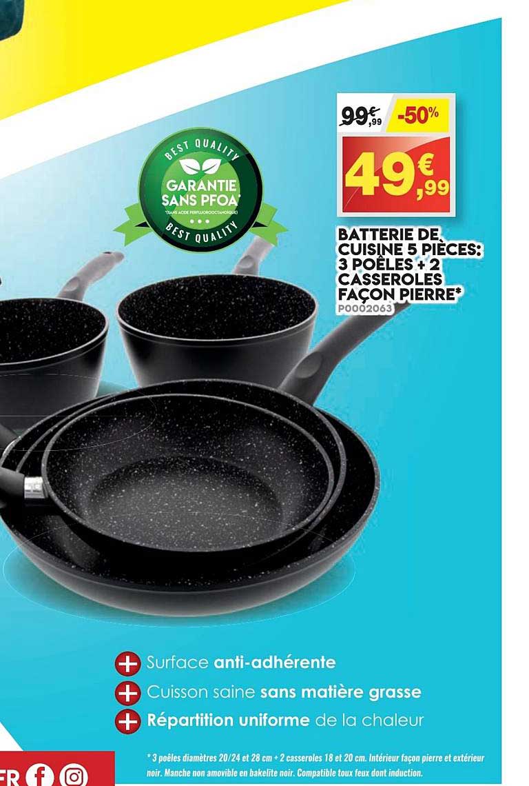 Batterie De Cuisines 5 Pièces 3 Poêles + 2 Casseroles Façon Pierre