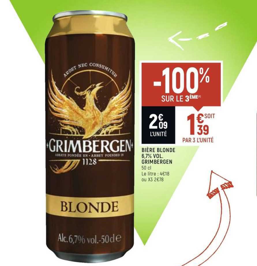 bière blonde 6.7% vol. grimbergen -100% sur le 3ème