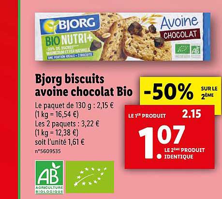 Bjorg Biscuits Avoine Chocolat Bio -50% Sur Le 2ème
