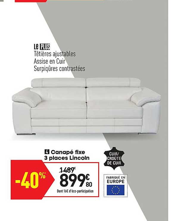 canapé fixe 3 places lincoln