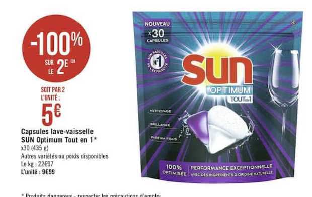 capsules lave vaisselle sun optimum tout en 1 -100% sur le 2e