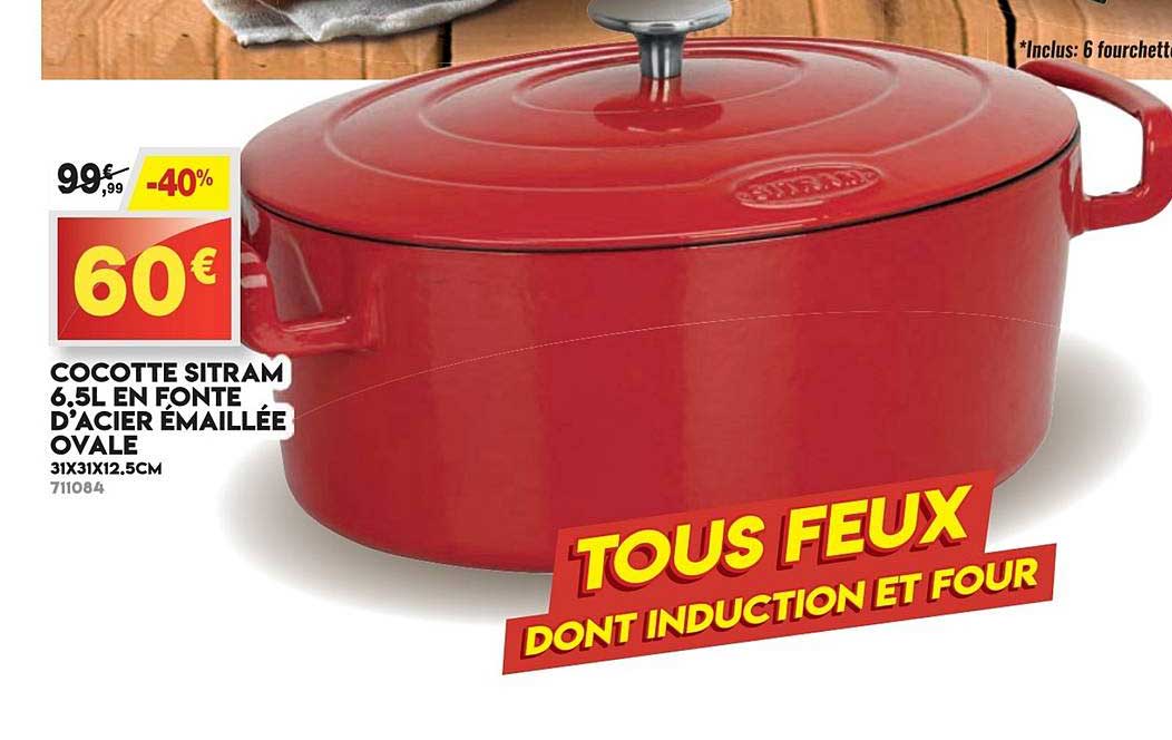 cocotte sitram 6.5l en fonte d'acier émaillée ovale