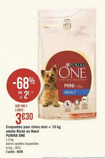 croquettes pour chien mini <10 kg adulte riche en boeuf purina one -68% sur le 2e