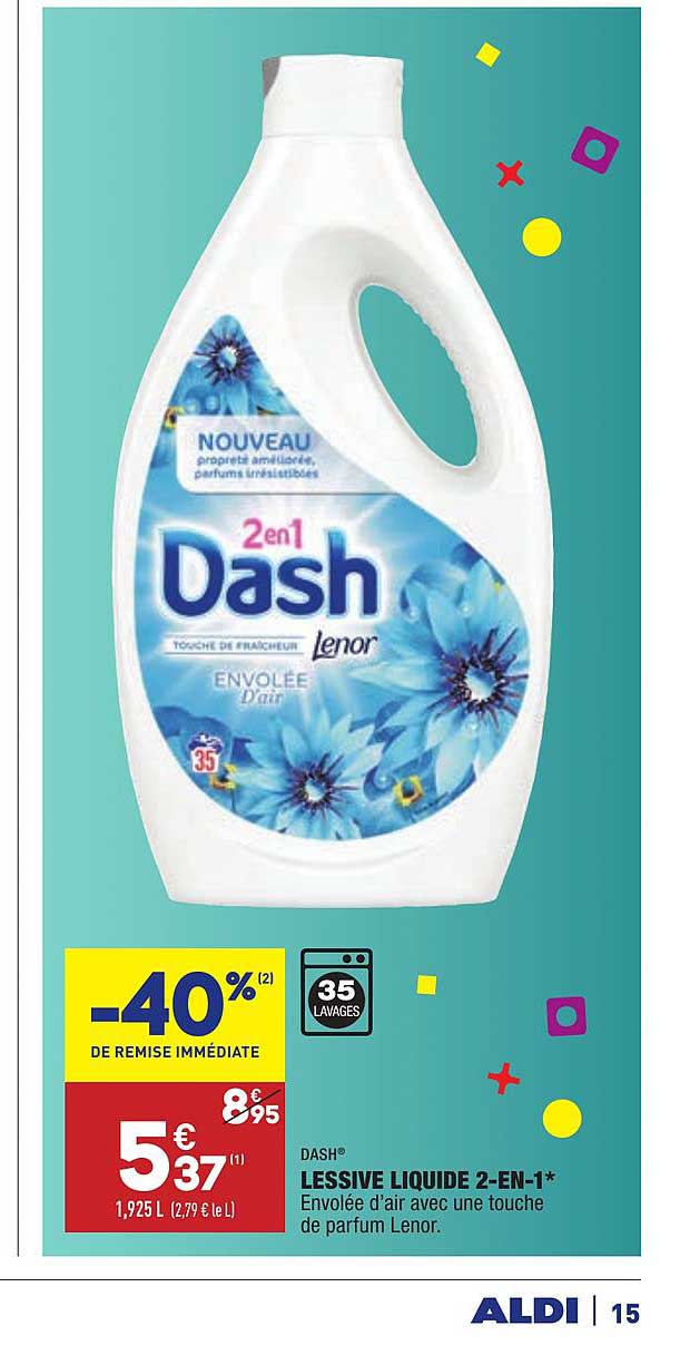 dash lessive liquide 2 en 1 envolée d'air avec une touche de parfum lenor -40% de remise immédiate