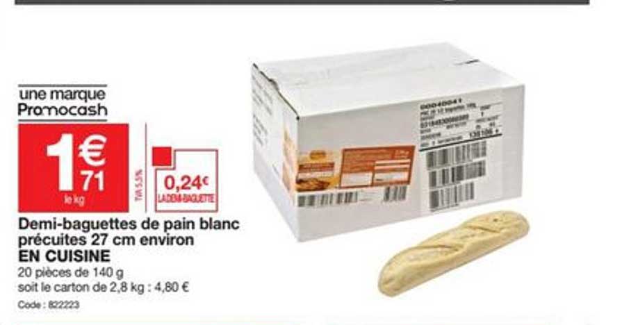 demi baguettes de pain blanc précuites 27 cm environ en cuisine