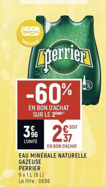 eau minérale naturelle gazeuse perrier -60% en bon d'achat sur le 2ème