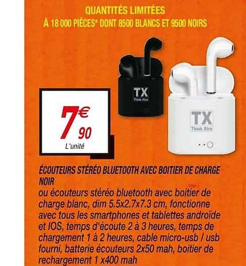 écouteurs stéréo bluetooth avec boitier de charge noir