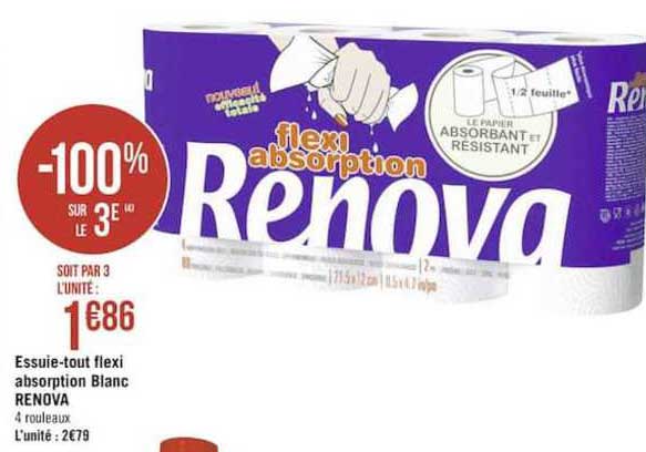 essuie tout flexi absorption blanc renova -100% sur le 3e