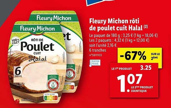 fleury michon rôti de poulet cuit halal -67% sur le 2ème