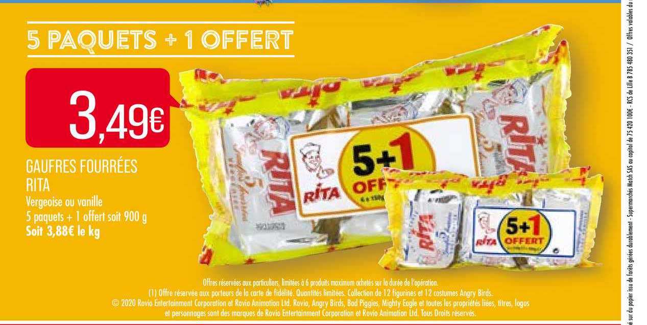 gaufres fourrés rita 5 paquets + 1 offert
