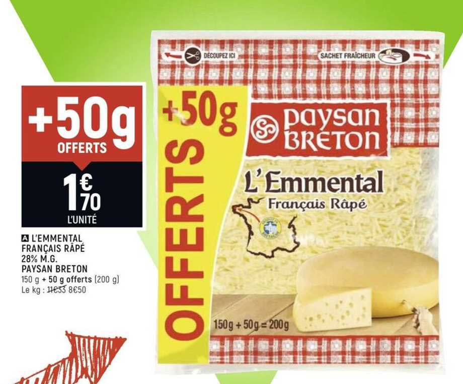 l'emmental français râpé 28% m.g. paysan breton +50g offerts
