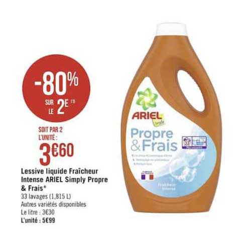 lessive liquide fraîcheur intense ariel simply propre & frais -80% sur le 2e