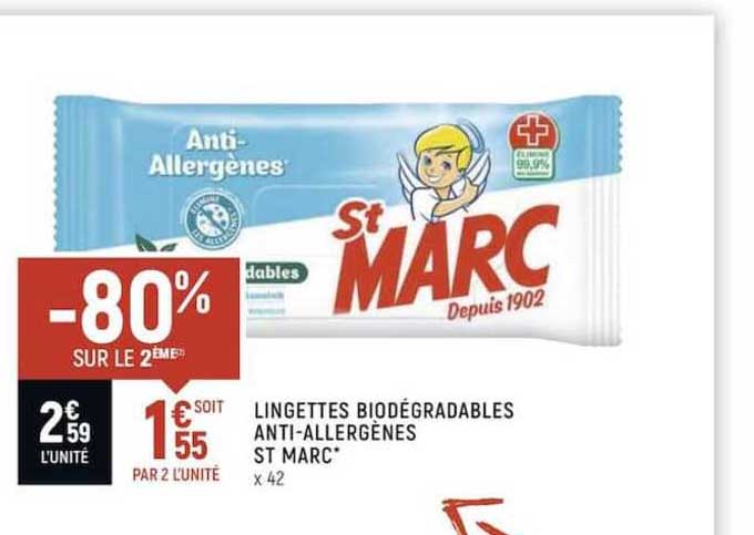 lingettes biodégradables anti allergènes st marc -80% sur le 2ème