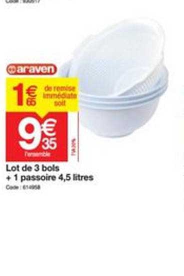 lot de 3 bols + 1 passoire 4.5 litre