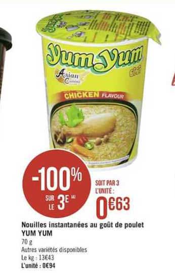 nouilles instantanées au goût de poulet yum yum -100% sur le 3e