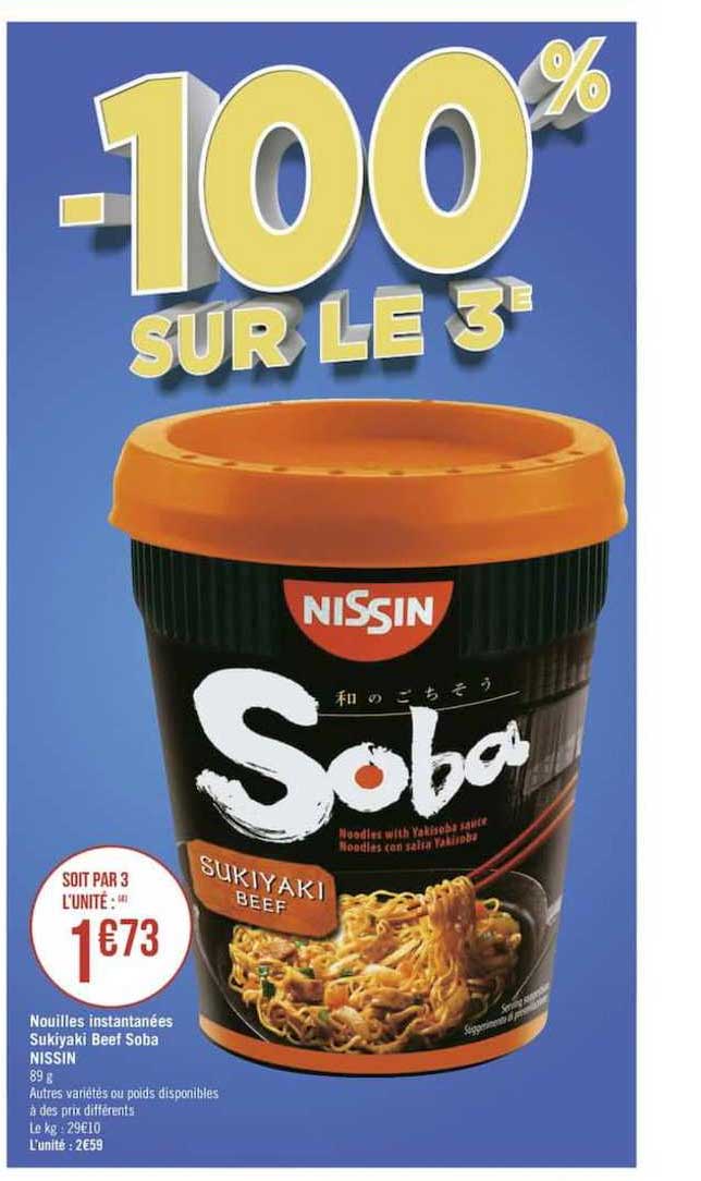nouilles instantanées sukiyaki beef soba nissin -100% sur le 3e
