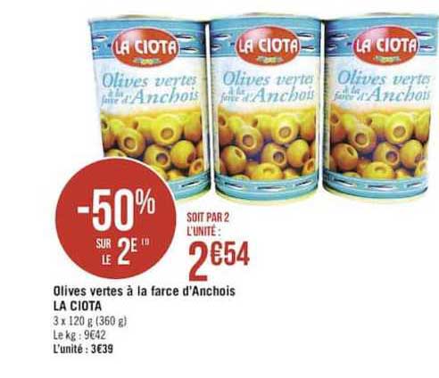 olives vertes à la farce d'anchois la ciota -50% sur le 2e