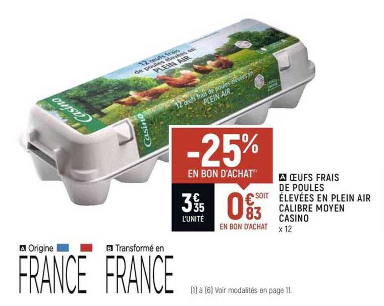 œufs frais de poules élevées en plein air calibre moyen casino -25% en bon d'achat