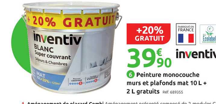 peinture monocouche murs et plafonds mat 10 l + 2 l gratuits inventiv