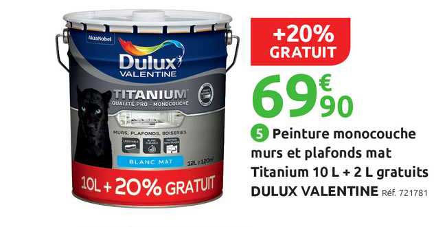 peinture monocouche murs et plafonds mat titanium 10 l + 2 l gratuits dulux valentine