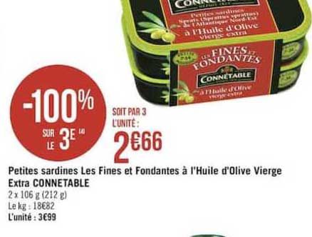 petites sardines les fines et fondantes à huile d'olive vierge extra connetable -100% sur le 3e
