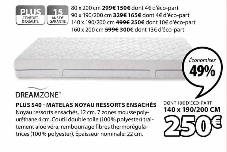 plus s40 matelas noyau ressorts ensachés dreamzone