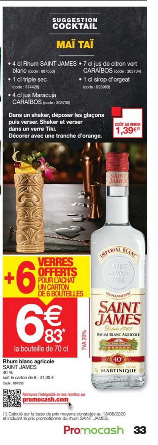 rhum blanc agricole saint james + 6 verres offerts pour l'achat un carton de 6 bouteilles