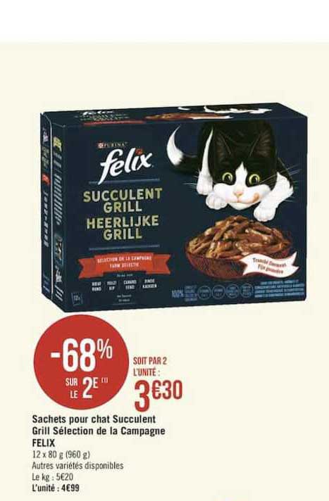 sachets pour chat succulent grill sélection de la campagne felix -68% sur le 2e