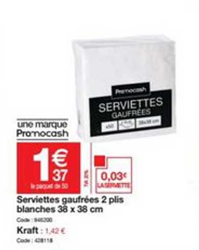 serviettes gaufrées 2 plis blanches 38 x 38 cm kraft