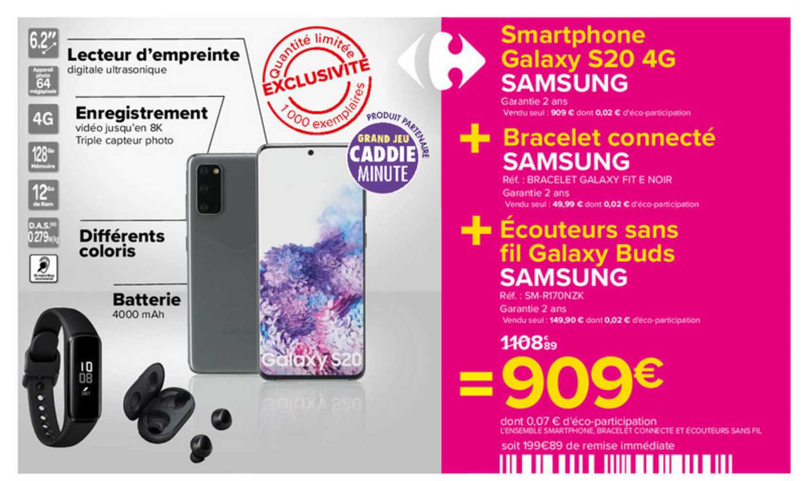 smartphone galaxy s20 4g + bracelet connecté samsung + écouteurs sans fil galaxy buds samsung